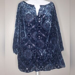 Faded Glory Purple Blue Floral Velvet Blouse 3/4 Sleeve XXL